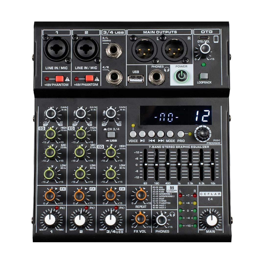 รูปภาพด้านหน้ามิกเซอร์เสียง รุ่น E4 Pro Audio Mixer จาก Ceflar